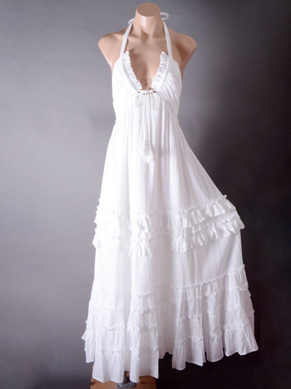 White Ruffle Fringe Bohemian Bow Summer Sundress Halter Long Maxi Dress S M L